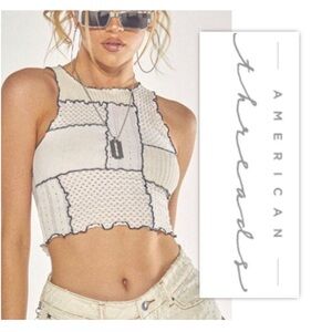 American Threads White Mix Fabric Panelled High Neck Top